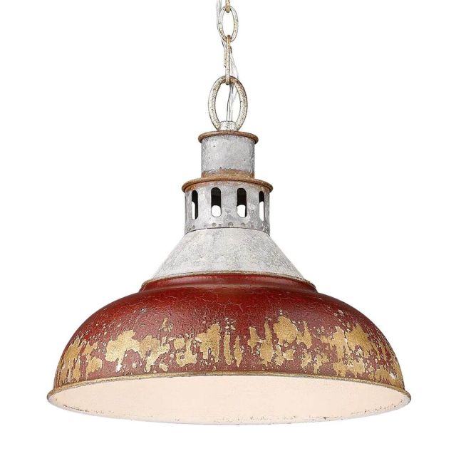 Golden Lighting 0865-L AGV-RED Kinsley 1 Light 14 Inch Large Pendant in Aged Galvanized Steel with Antique Red Shade